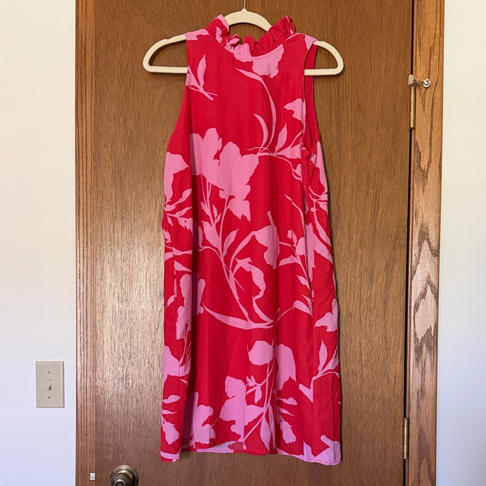 Gibson Red & Light Pink Floral High-Neck Mini Dress